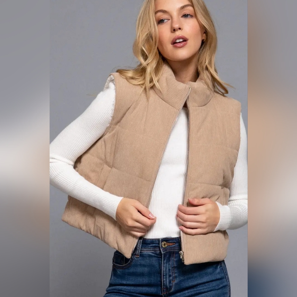 High Neck Inner Faux Fur Zip Up Corduroy Puffer Vest